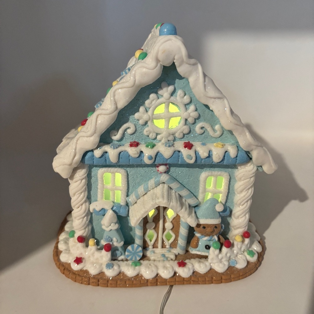 Charming Blue Lighted Gingerbread House Holiday Decor